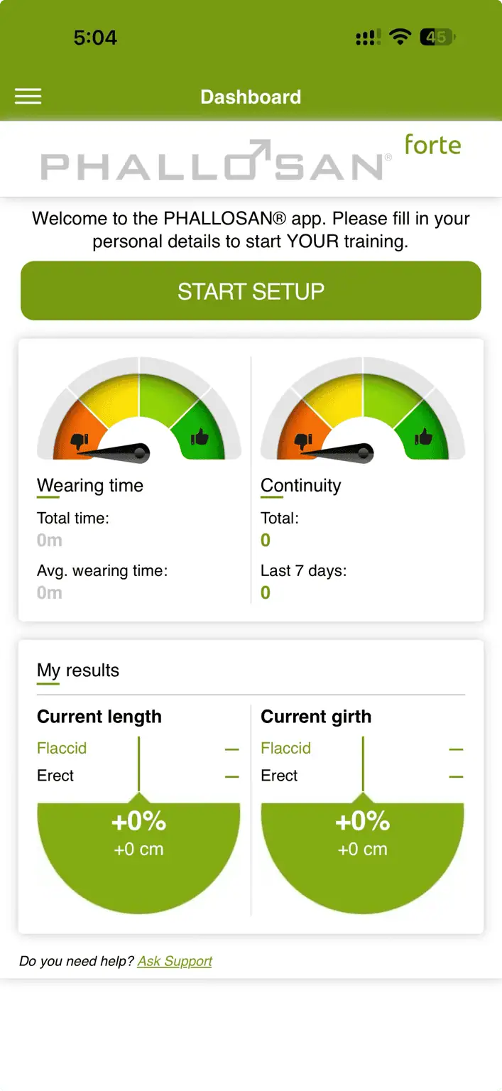 Phallosan Forte app dashboard showing wearing time, continuity and measurement tracking