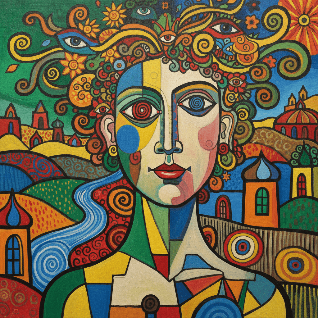 Colorful abstract portrait of a woman with swirling hair and vivid background elements.