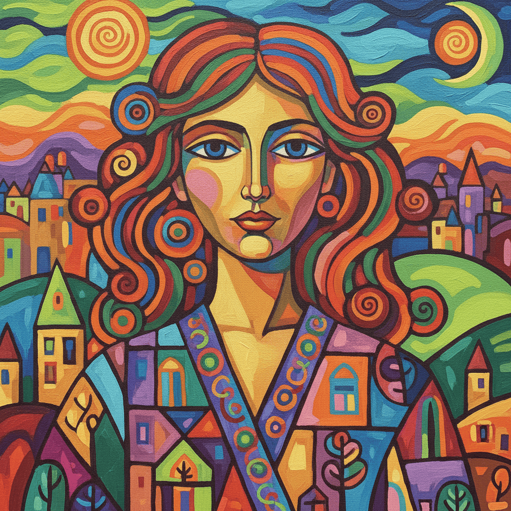 Colorful abstract woman with flowing hair and cityscape in vibrant hues.