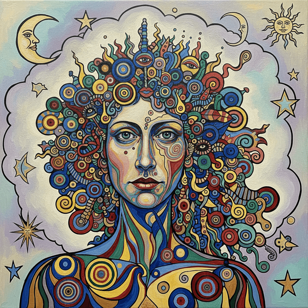 Artistic portrait of a woman with vibrant, abstract hair and celestial elements.