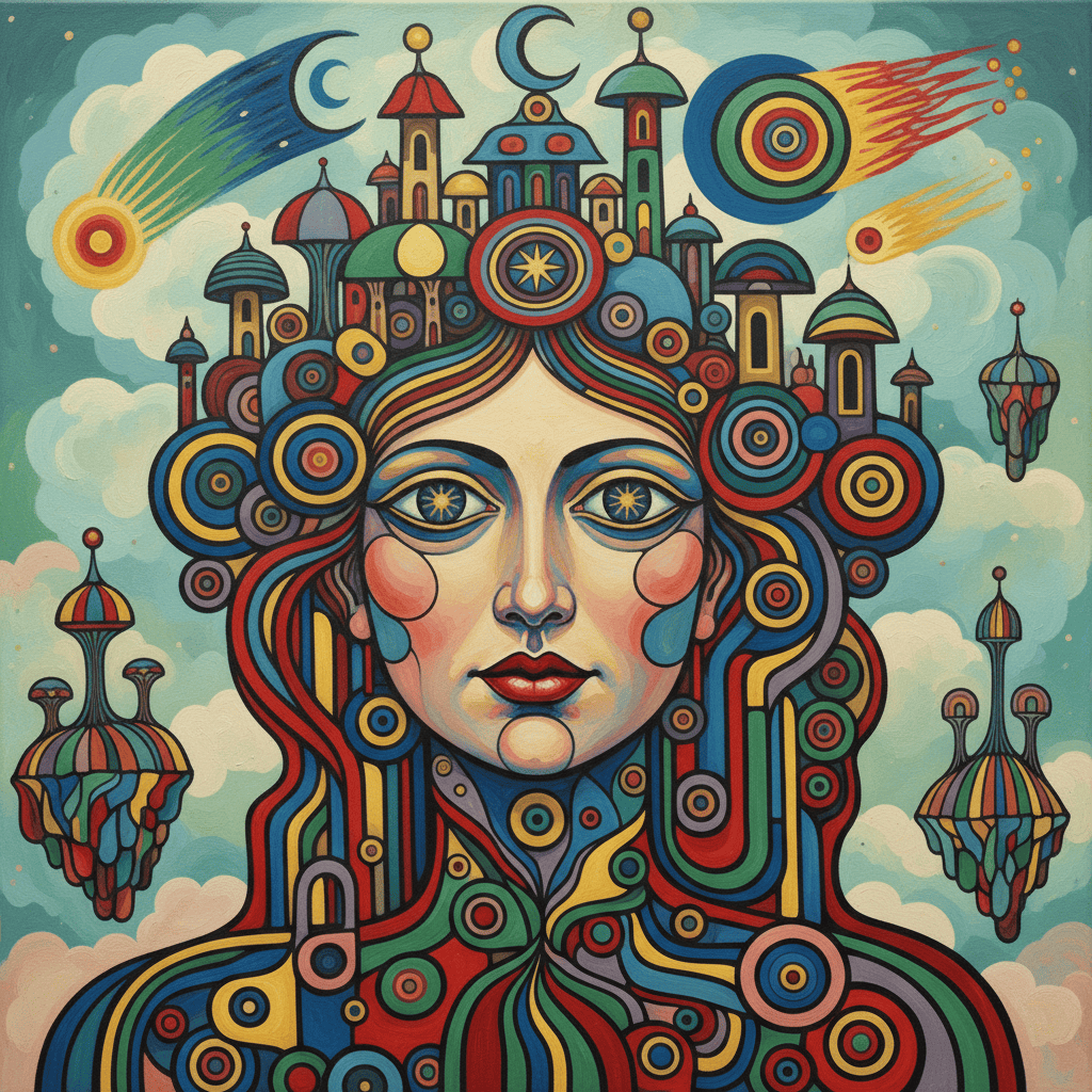 Surreal woman with vibrant, abstract hair and floating city elements in a colorful, imaginative scen.