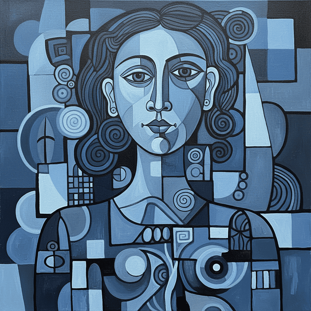 Blue abstract portrait of a woman with curly hair and geometric patterns.