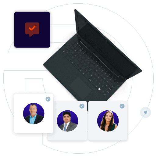 Purpose Managed Services Experts On Demand Laptop next to three peoples headshots and a speech bubble