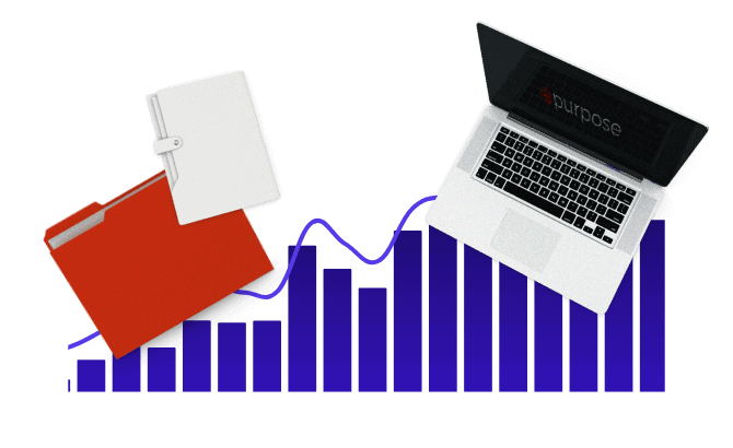 Purpose-Tech-Stock-Image-1 Bar graph with file folders and a laptop