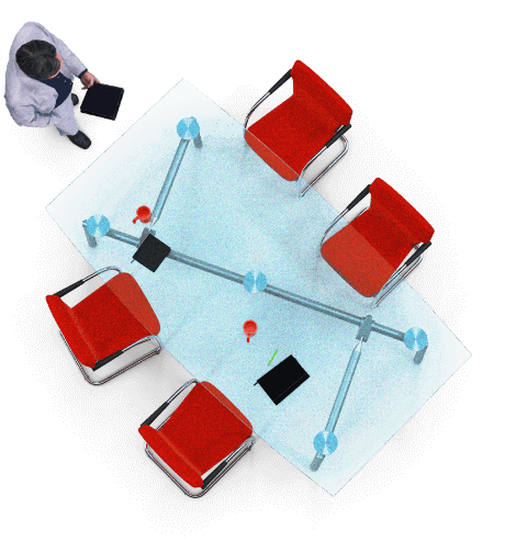 Purpose Technology Testimonial Image An image of four red chairs and a table with a man standing next to it