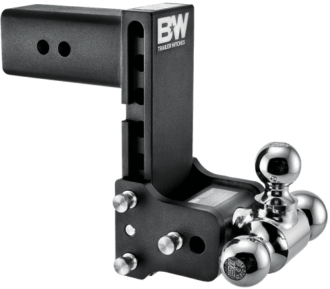 Heavy-duty trailer hitch with ball mount and safety chain hooks for towing.