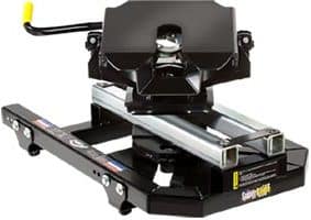 Black Pullrite Superglide 20K fifth-wheel hitch with a sliding silver mechanism and yellow lever