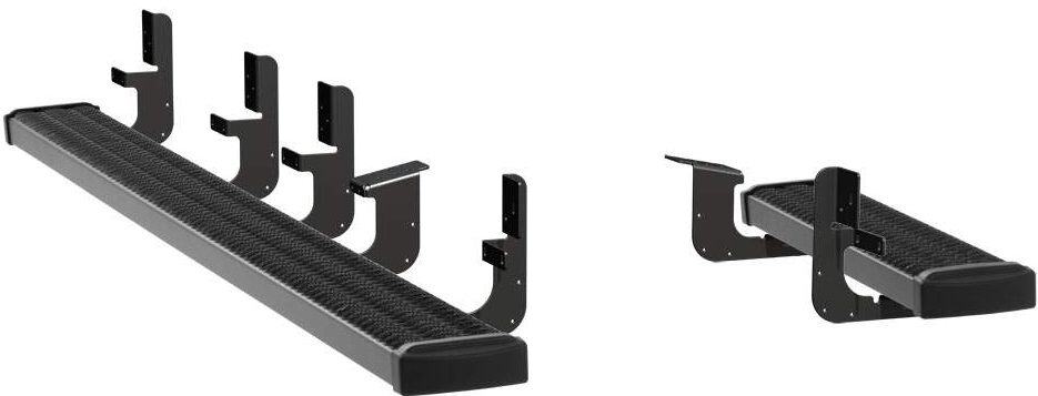 Heavy-duty bumper guard and step for vehicle protection and convenience.