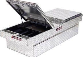 A diamond plate Weather Guard 125-3-02 Gull Wing truck tool box