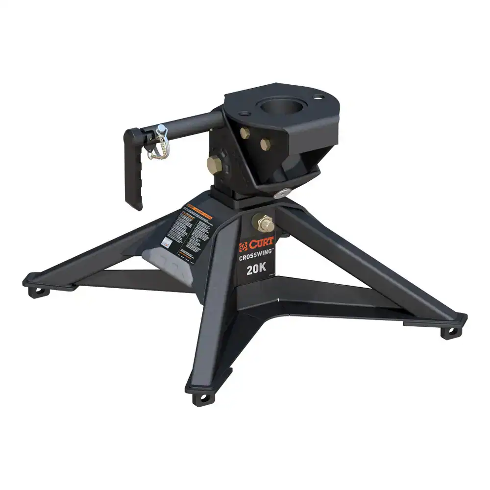 A black CURT CrossWing 20K 5th wheel hitch with a tripod base, shown on a clean, white background.