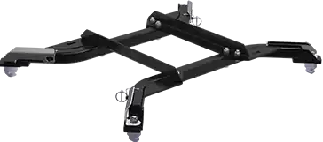 A puck system for a 5th wheel, which looks like black metal frame with an X-shaped design, featuring two wide bars crossing in the center and extending outwards with curved ends.