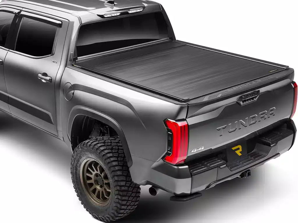 Grey truck with RealTruck Retrax EQ Electric Retractable Tonneau Cover.