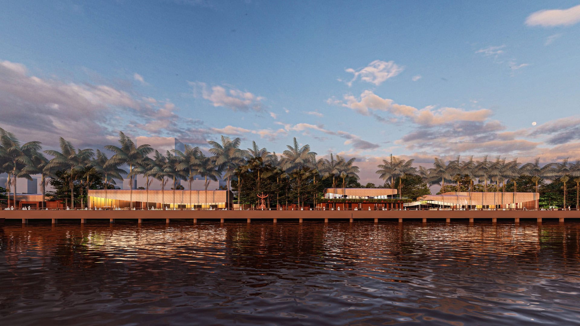 Salient Design Studio waterfront with palm trees and modern buildings under blue sky.