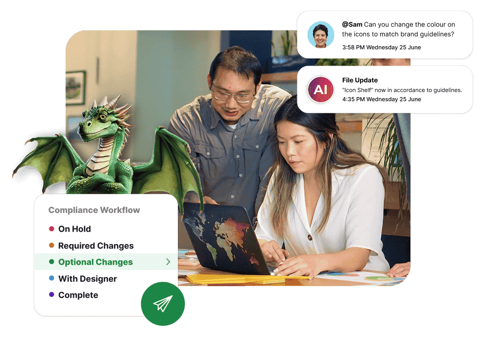A man and a woman are sitting together, looking at a laptop. The screen shows a chat conversation about changing colors to match brand guidelines. The timestamp indicates it's Wednesday, June 25 at 3:58 PM. There is also text regarding file status and required changes displayed on the screen. Both individuals appear focused on the task at hand.