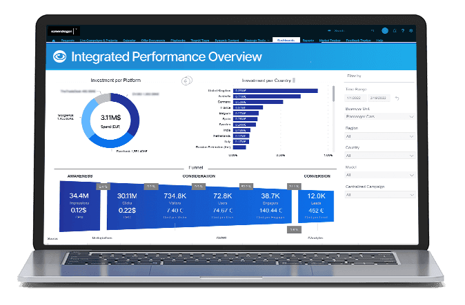 A laptop displaying a performance overview screen with data metrics and statistics.