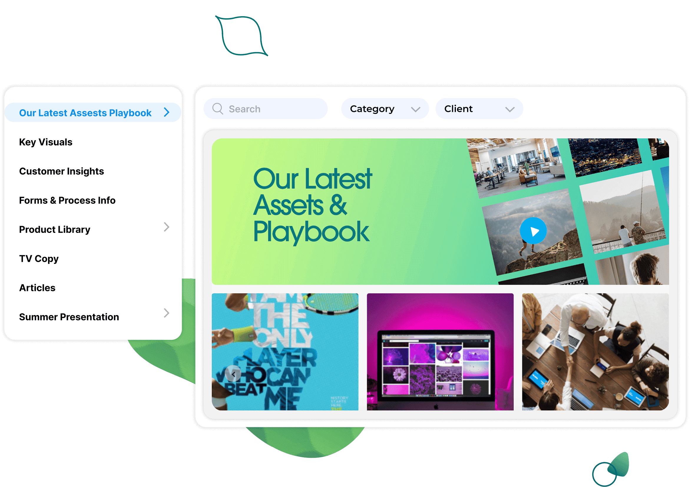 A screenshot of a computer displaying a webpage titled "Our Latest Assets Playbook Q" with various categories and sections including client key visuals, customer insights, forms and process info, assets and product library, playbook TV copy, articles, and summer presentation.