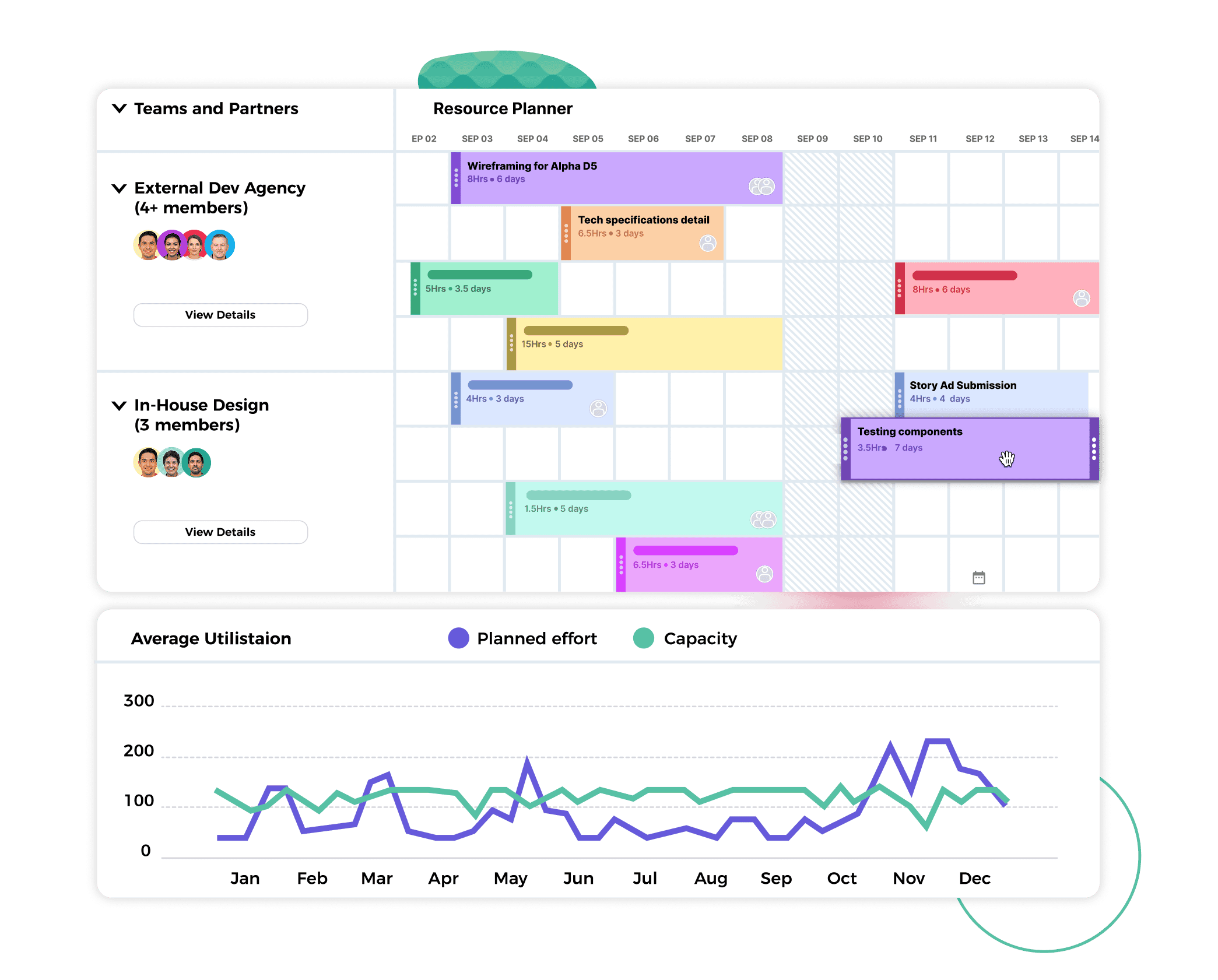 A detailed project management and resource planning dashboard for teams and partners.