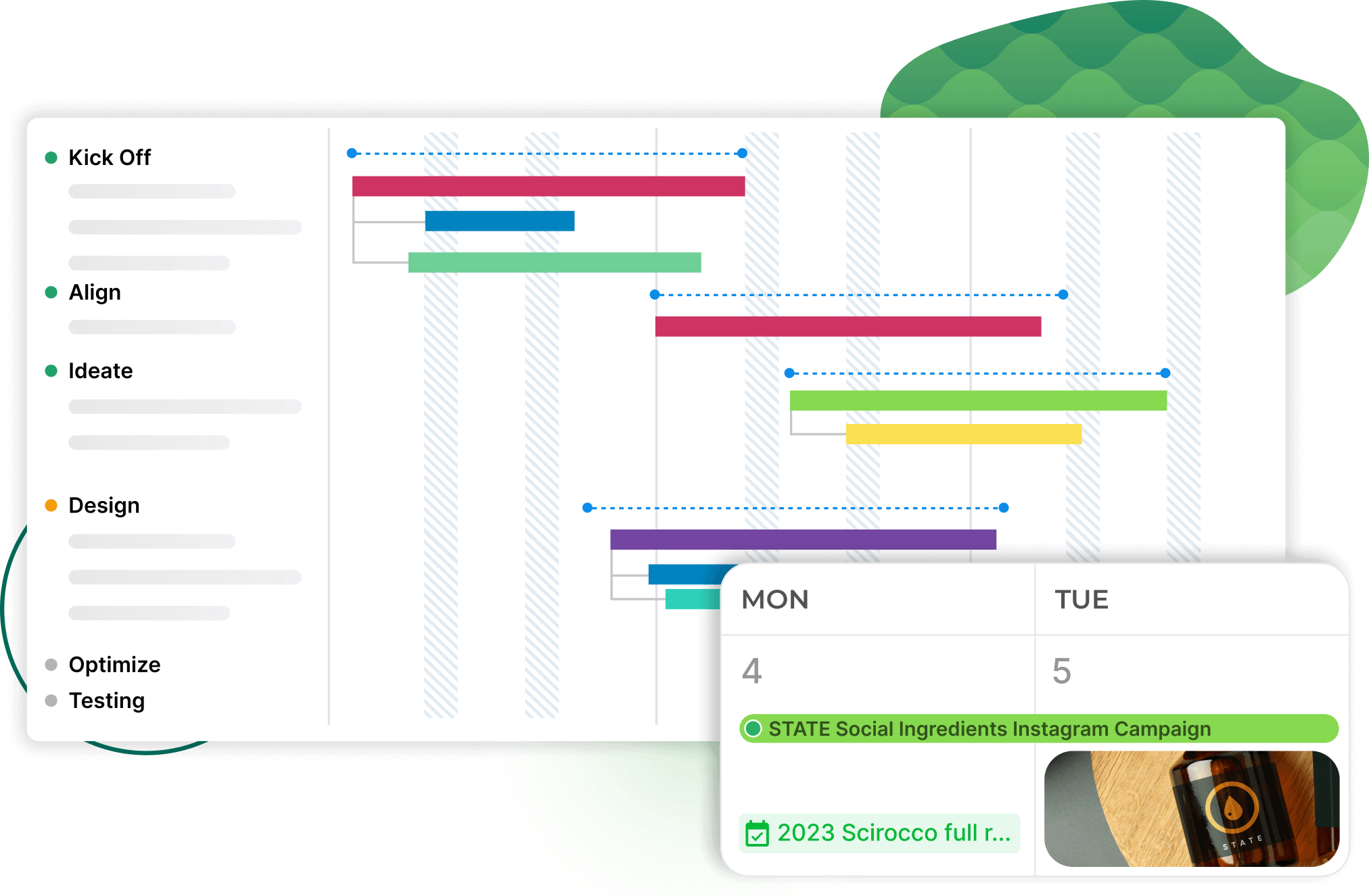 A screenshot of a computer screen displaying a project management interface with sections labeled "Kick Off," "Align," "Ideate Design," and "Optimize." The days of the week, MON and TUE, are listed along with the words "Testing STATE" and references to a social media campaign for Instagram in 2023. The interface includes various graphical elements typical of multimedia software.