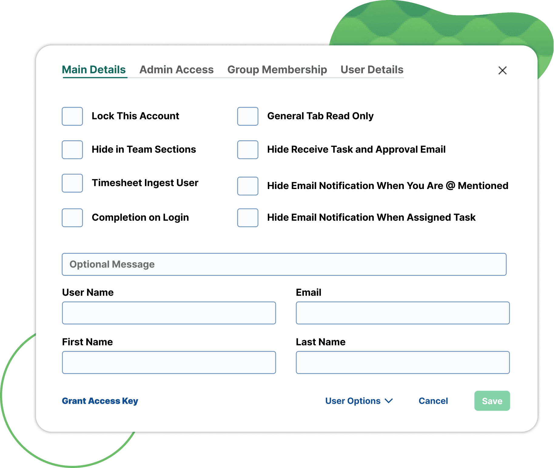 A screenshot of a computer interface displaying user administration options, including sections for account details, group membership, and notification settings. Key features highlighted include "Lock This Account," "Grant Access," and various user options like email notifications and visibility settings. The text includes fields for user name, email, first name, last name, along with buttons to cancel or save changes.