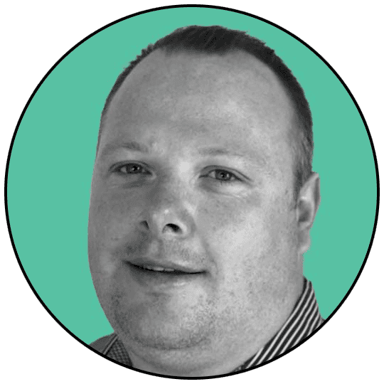 A professional man in a striped shirt with a teal background, representing business and technology.