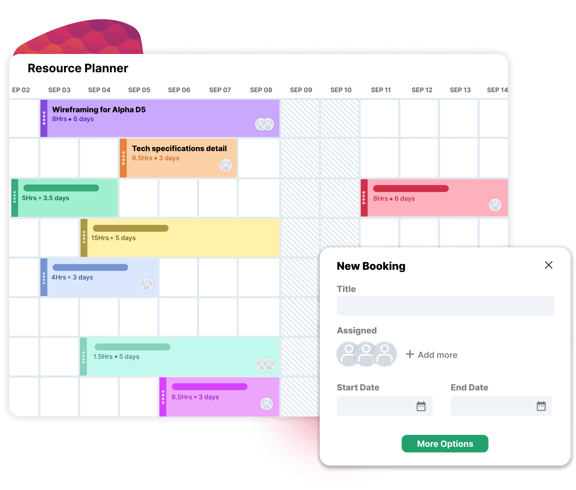 A resource planner grid showing project tasks in various colors, with a "New Booking" dialogue for adding tasks.