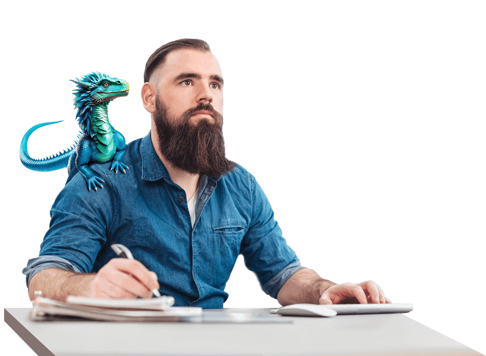 A man with a beard sitting at a desk, wearing casual clothing, with a blue dragon perched on his shoulder. The scene is indoors, and there are scissors on the table.