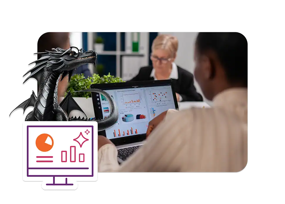 Business meeting with data analysis and dragon figurine in office setting.