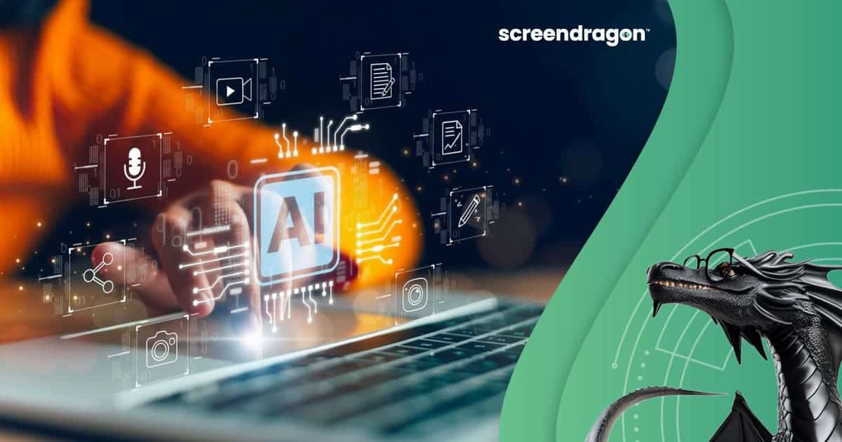 AI-driven project management software interface with a dragon mascot, digital icons, and futuristic.