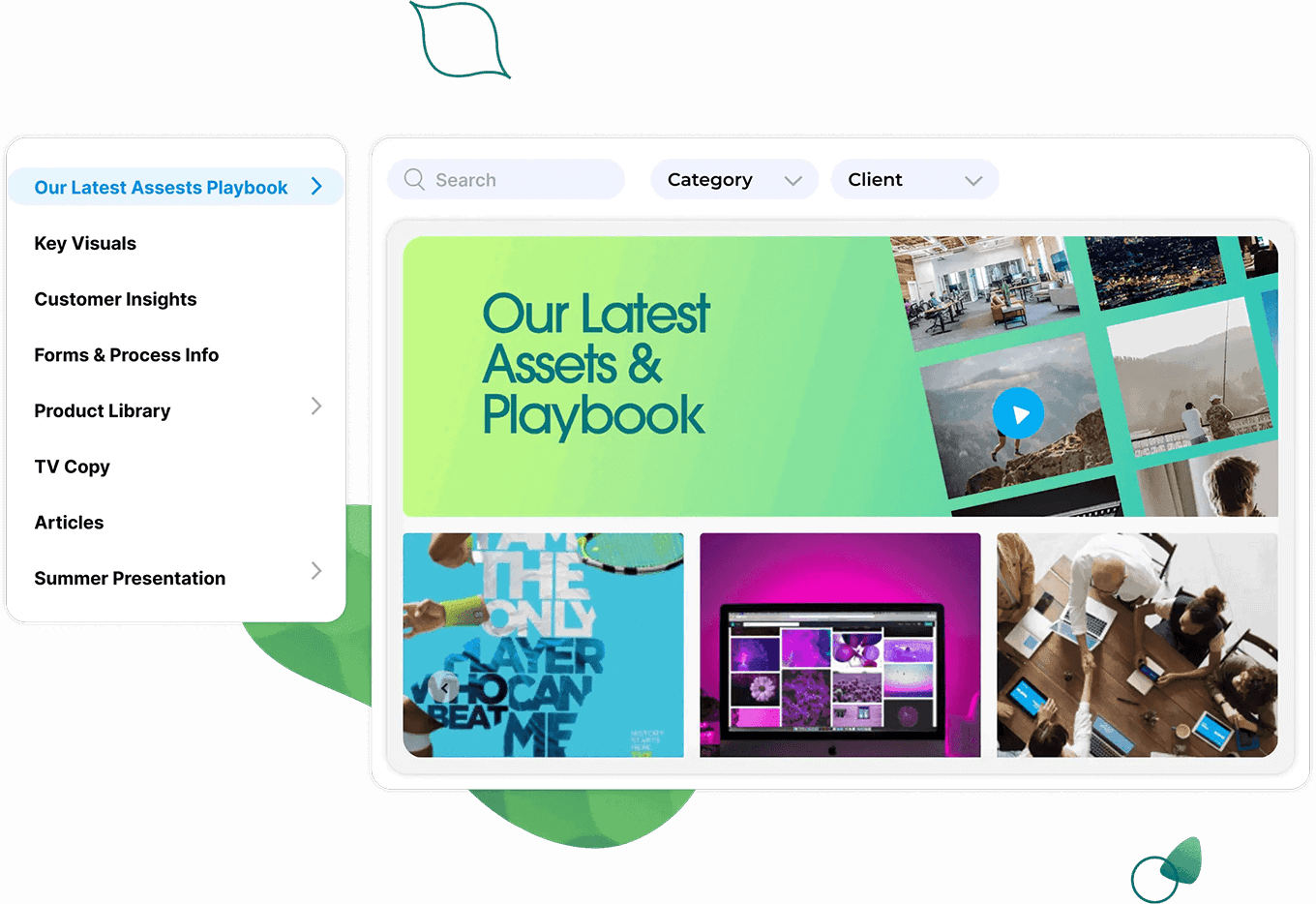 A user interface showing a digital library with various categories like "Key Visuals," "Forms & Process Info," "Product Library," "TV Copy," "Articles," and "Summer Presentation," along with a section titled "Our Latest Assets & Playbook."