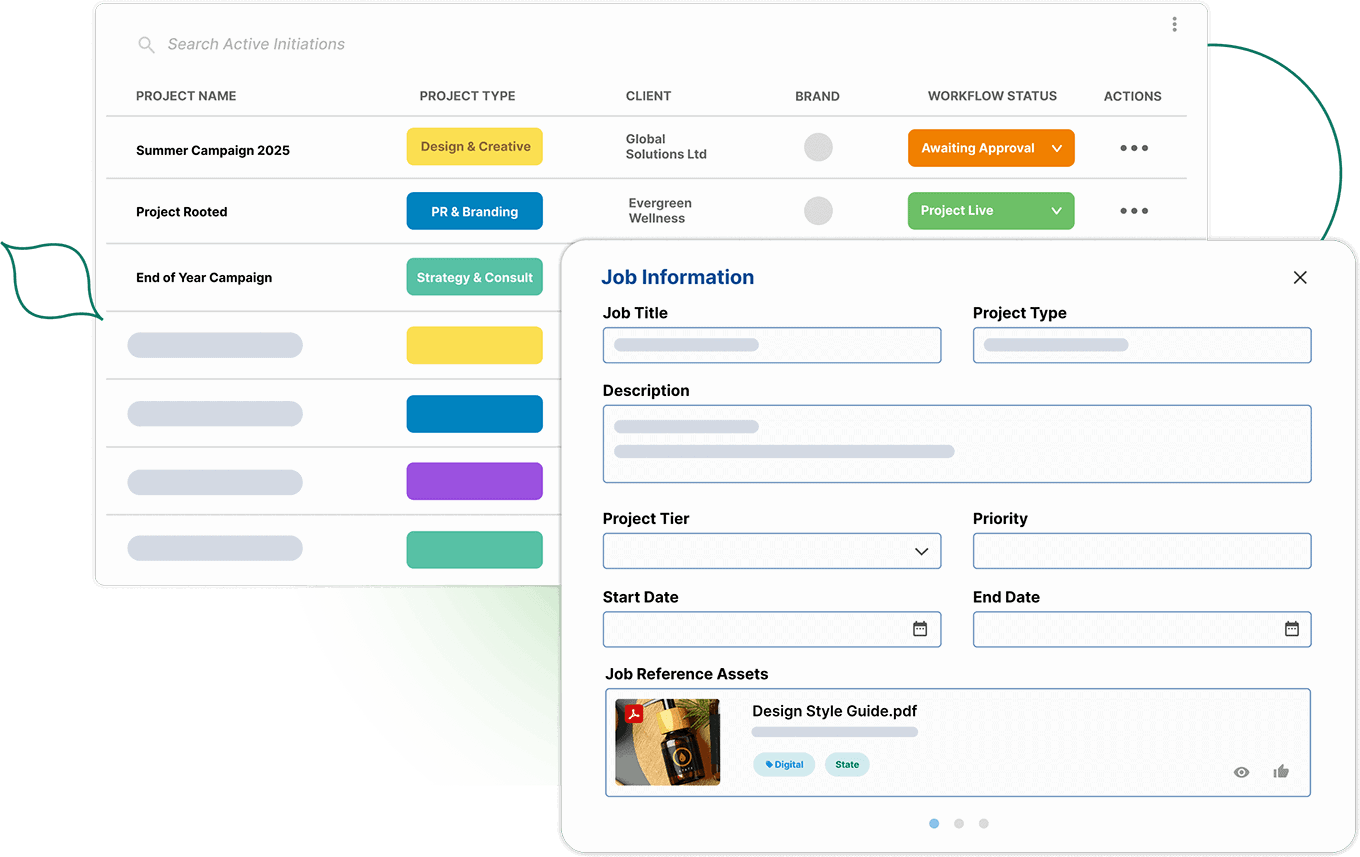 A dashboard interface displaying project invitations and job information forms.