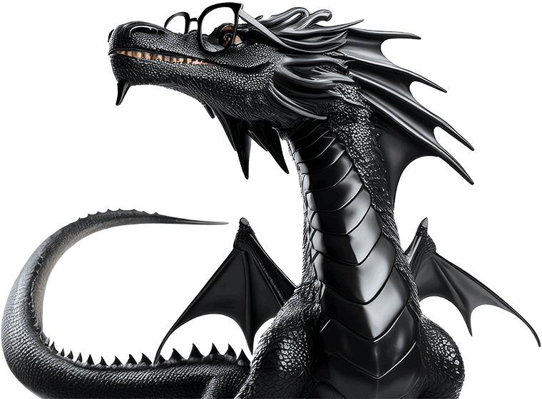 A black dragon wearing glasses with spiky hair and large wings, posed majestically.