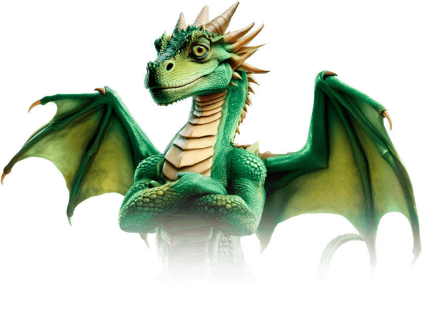 A green dragon with large wings and a confident expression.