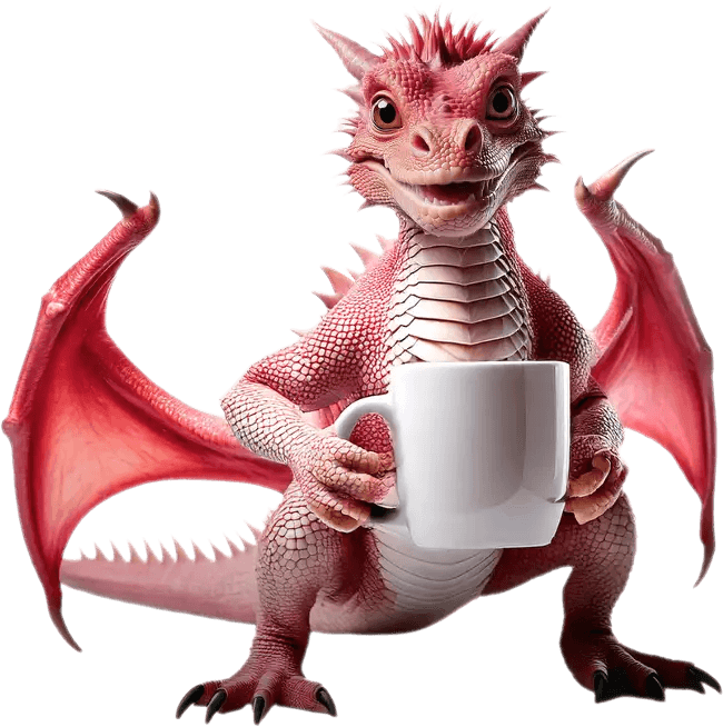 A cute red dragon holding a white coffee mug, standing on two legs with its wings partially spread.
