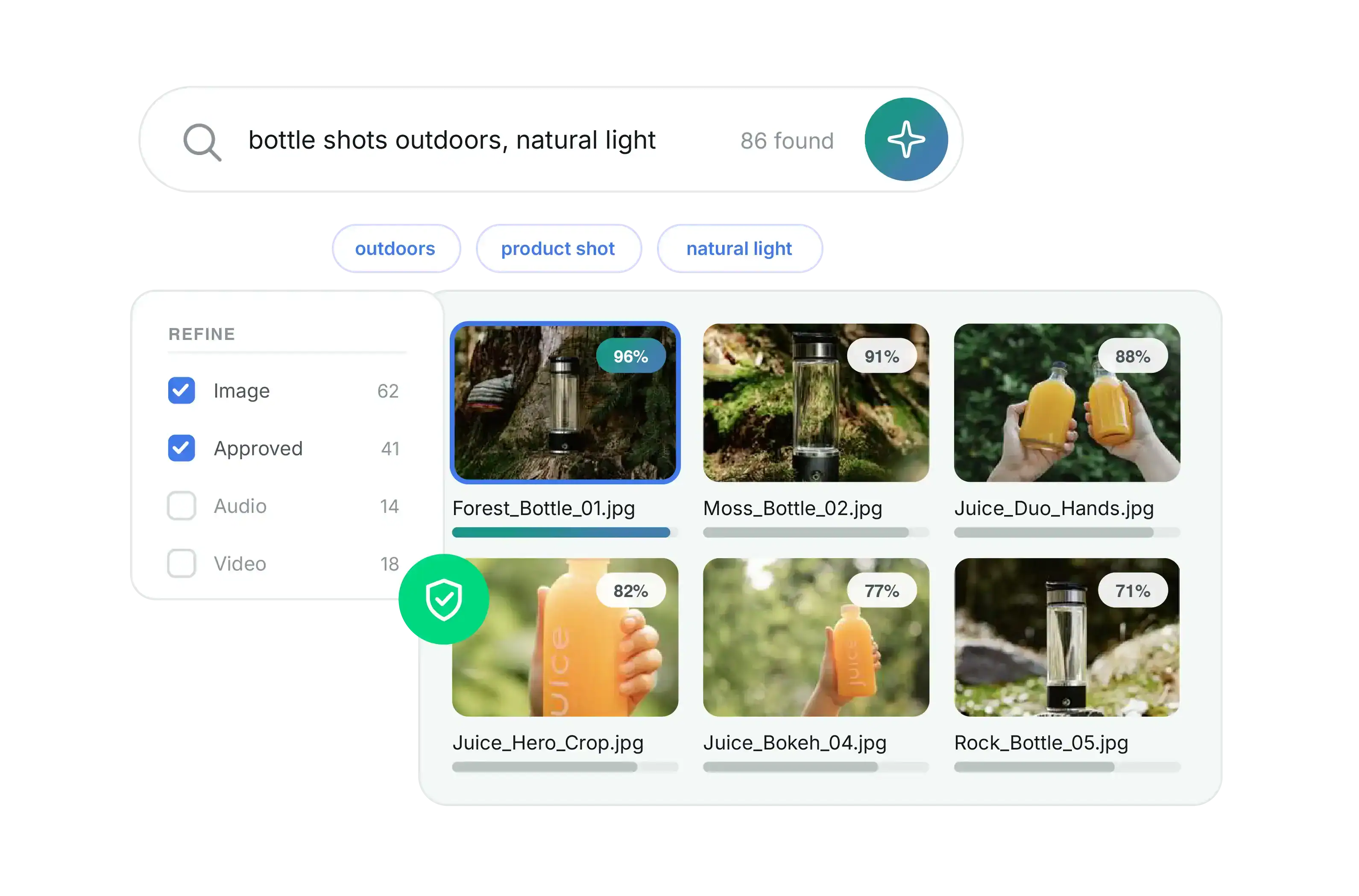 Screenshot of digital asset management software with outdoor product shots and search filters.