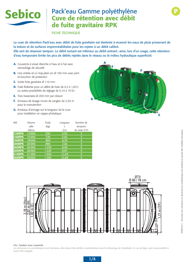 Cuve de rétention avec débit de fuite gravitaire en polyéthylène