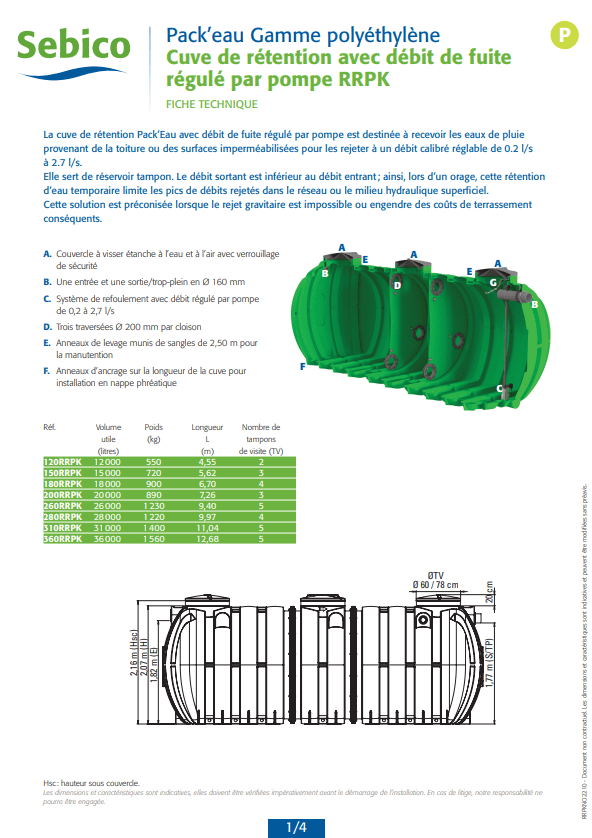Cuve de rétention avec débit de fuite régulé par pompe en polyéthylène
