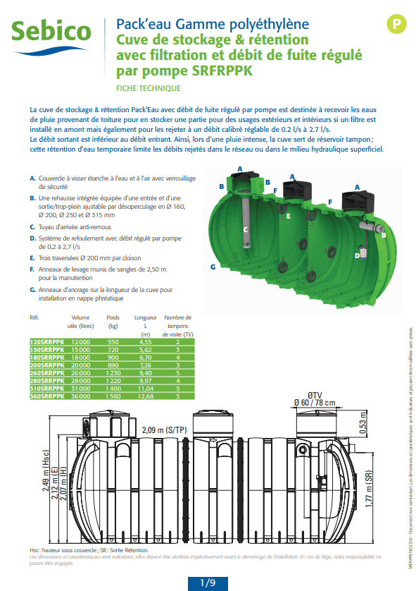 Cuve de stockage et rétention avec filtration avec débit de fuite régulé par pompe en polyéthylène