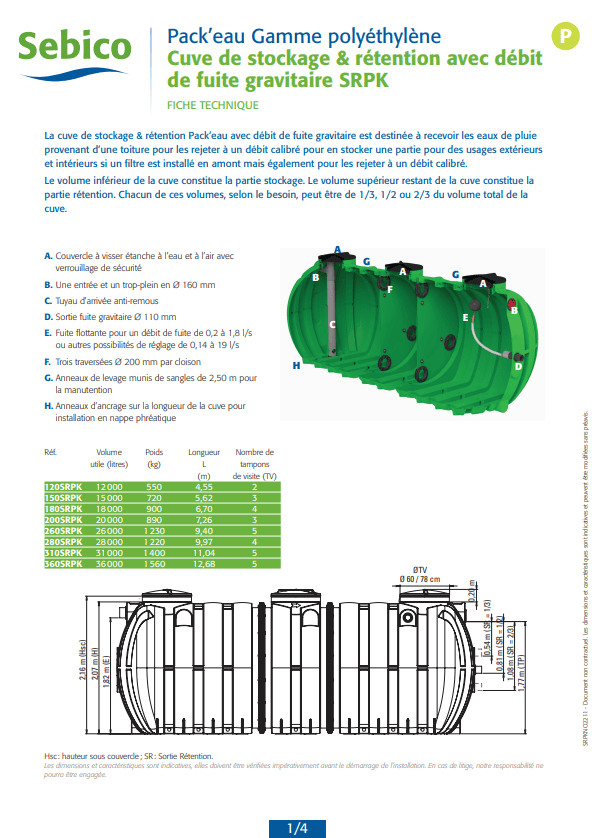 Cuve de stockage et rétention sans filtration avec débit de fuite gravitaire en polyéthylène