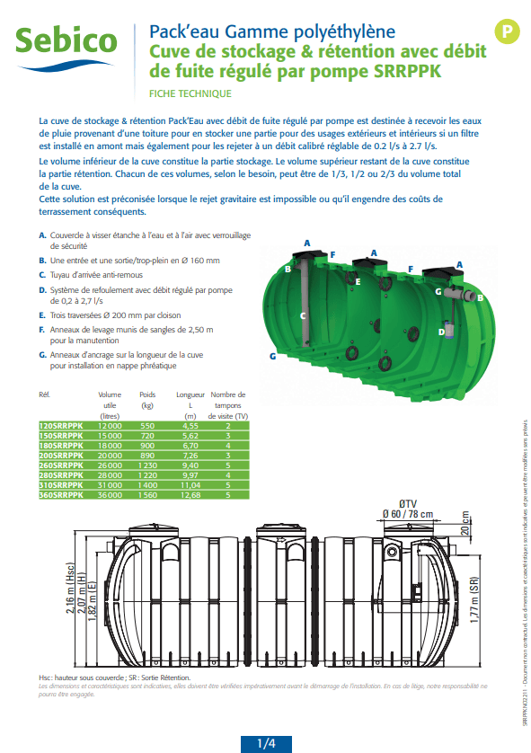 Cuve de stockage et rétention sans filtration avec débit de fuite régulé par pompe en polyéthylène