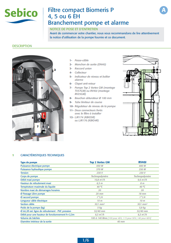 Filtre Biomeris branchement pompe et alarme