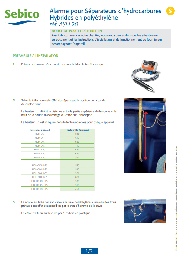 Alarme pour Séparateurs d'hydrocarbures Hybrides en polyéthylène