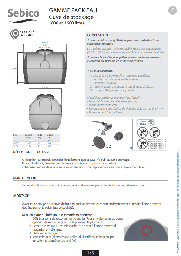 Cuve de stockage 1000 et 1500 litres
