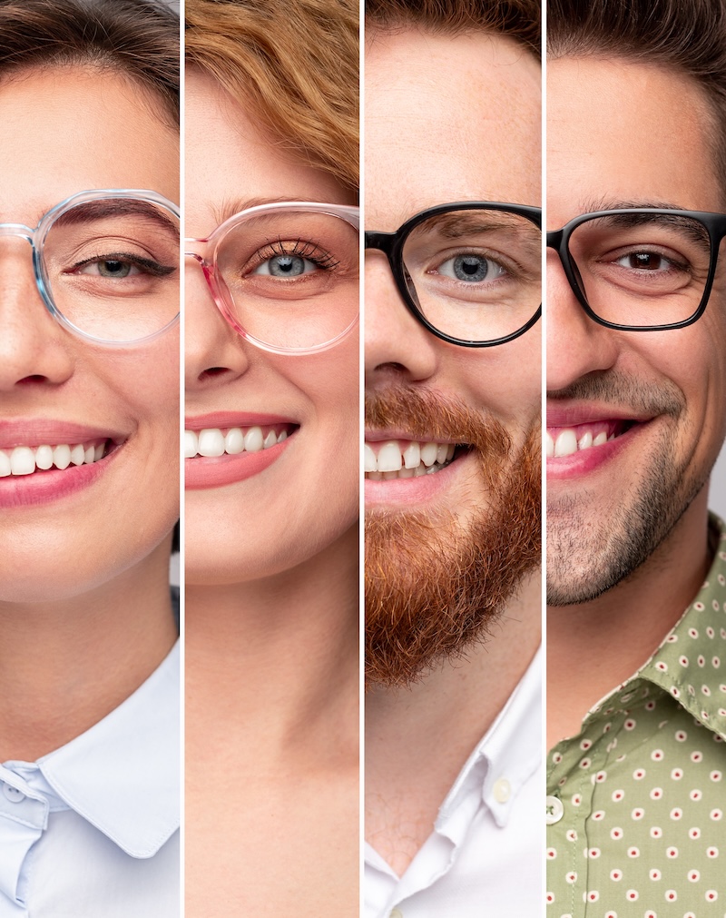 Group of diverse people wearing stylish glasses for eye care and fashion.