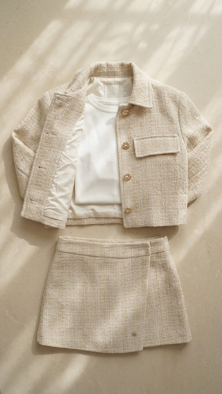 Conjunto de tweed beige y dorado | Stylicious packshot.
