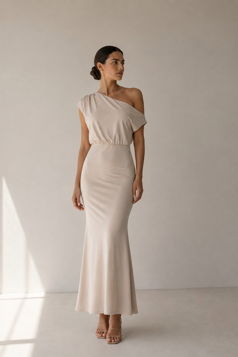 Vestido largo beige asimetrico | Stylicious (8)