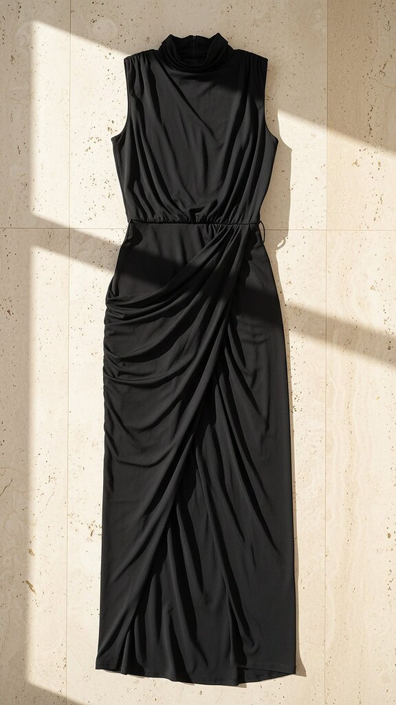 Vestido maxi envolvente negro con cuello subido y cinturón Stylicious