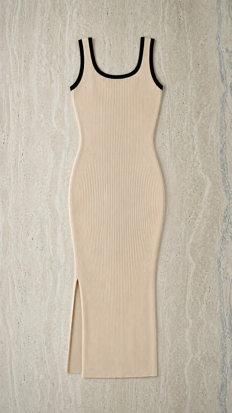 Vestido midi ajustado de punto beige acanalado con ribetes negros.en maniquí packshot
