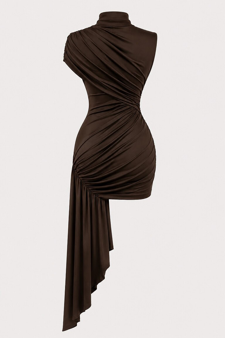 Vestido marron drapeado elegante | Stylicious packshot.