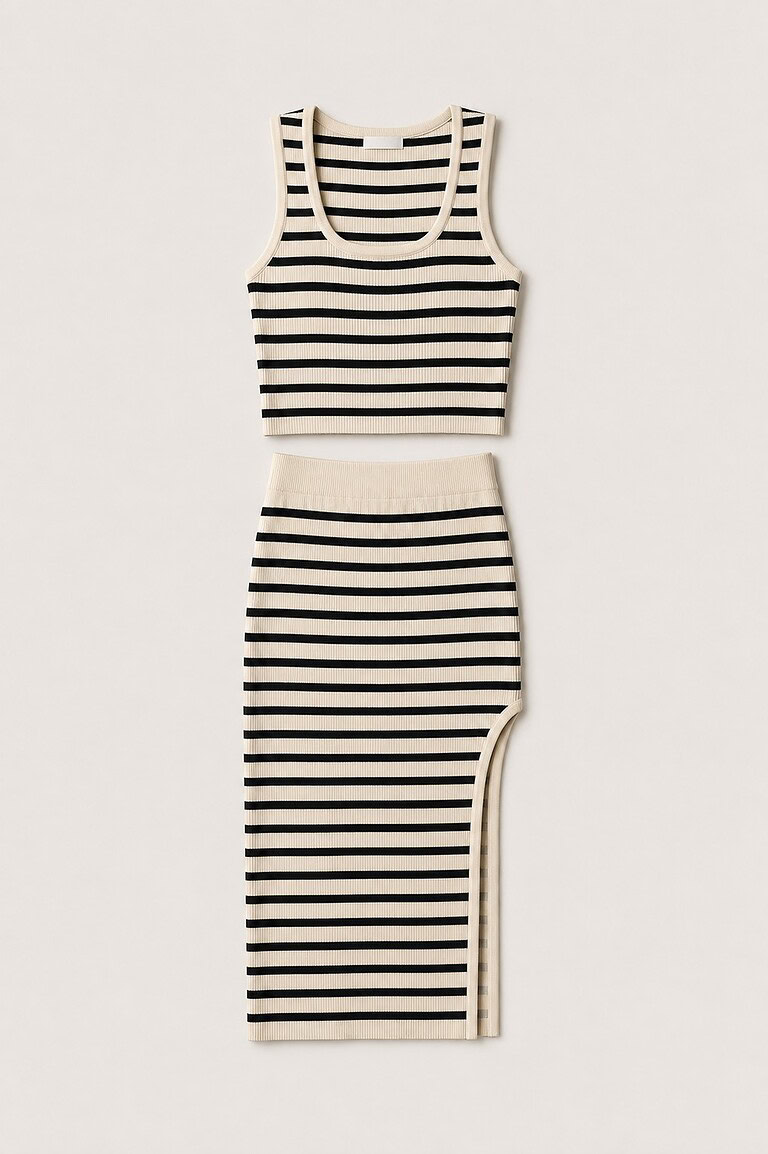 Conjunto de dos piezas de punto acanalado a rayas crema y negras con crop top y falda midi de Stylicious packshot.jpg