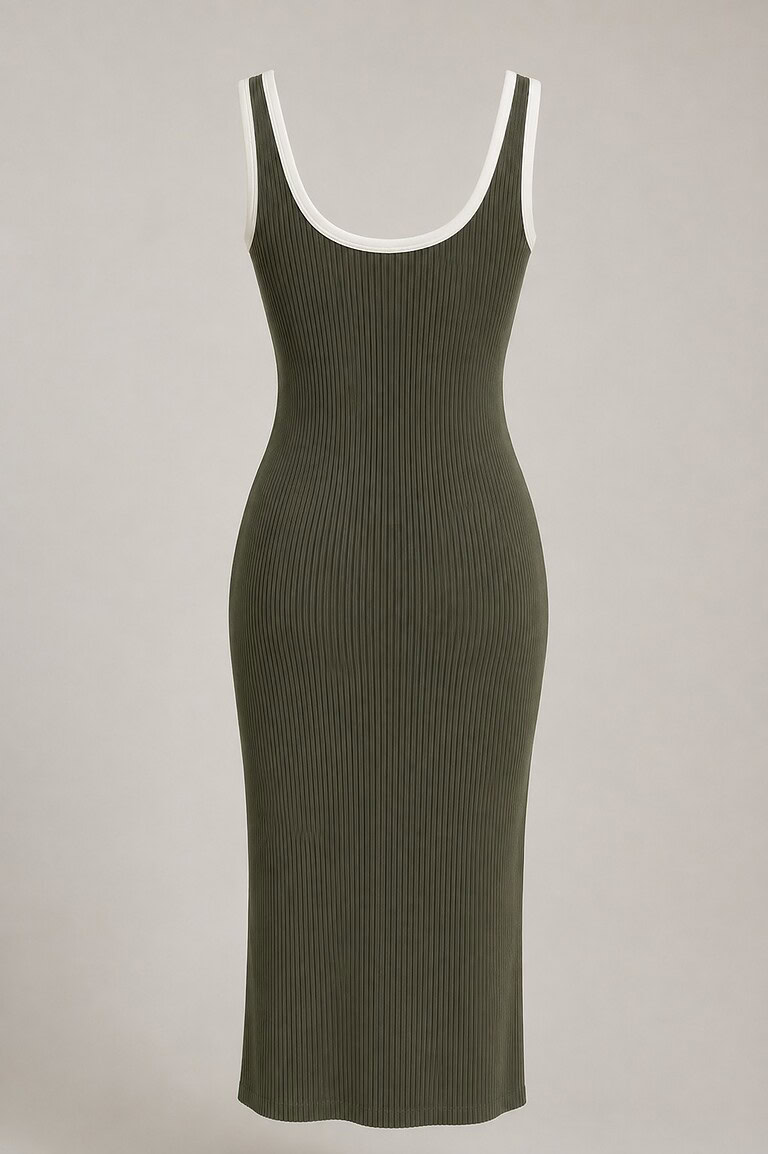 Vestido de Punto Contraste | Verde Otoñal Frontal packshot.